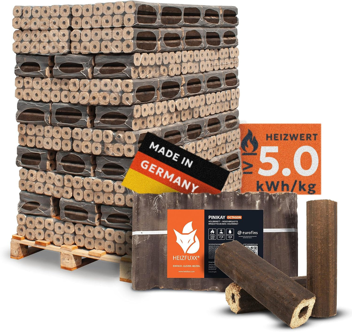 HEIZFUXX PiniKay Octagon Holzbriketts Hartholz 960 kg (96 x 10 kg) 1 Palette