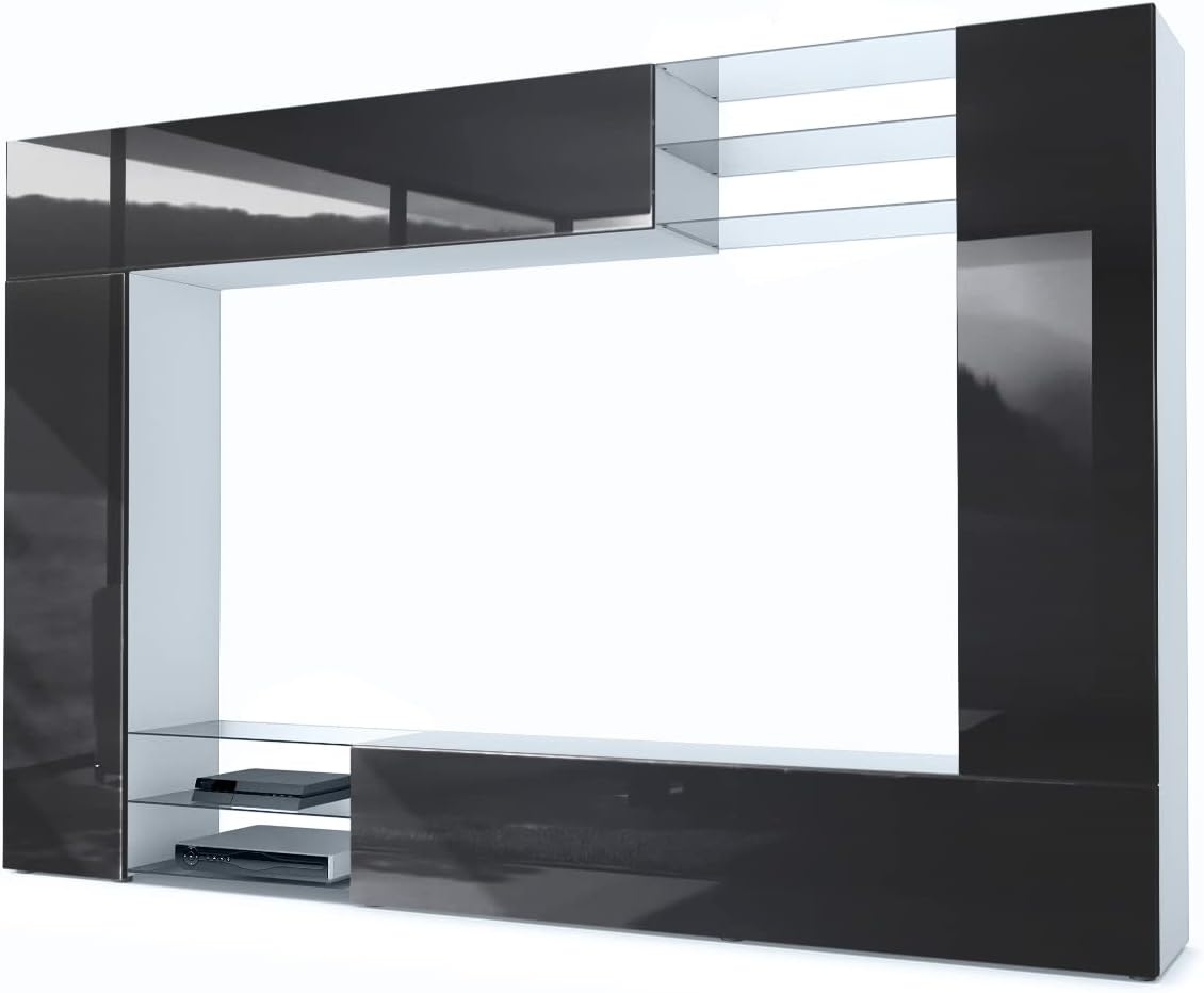 Vladon Wohnwand Mirage, Weiß matt/Schwarz Hochglanz (262 x 183 x 39 cm), Anbauwand mit Rückwand mit 2 Türen, Made in Germany
