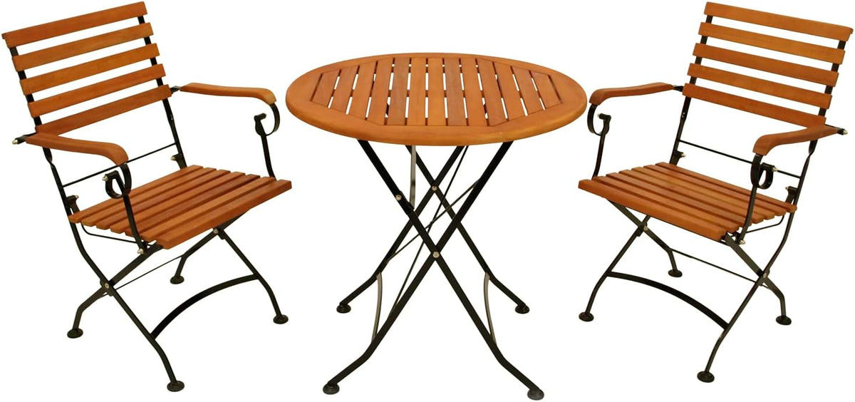 DEGAMO Garten Sitzgruppe Klappgarnitur HOFGARTEN 3-teilig (2X Armlehnensessel, 1x Tisch rund 75cm), Stahl schwarz pulverbeschichtet, FSC-Zertifiziert