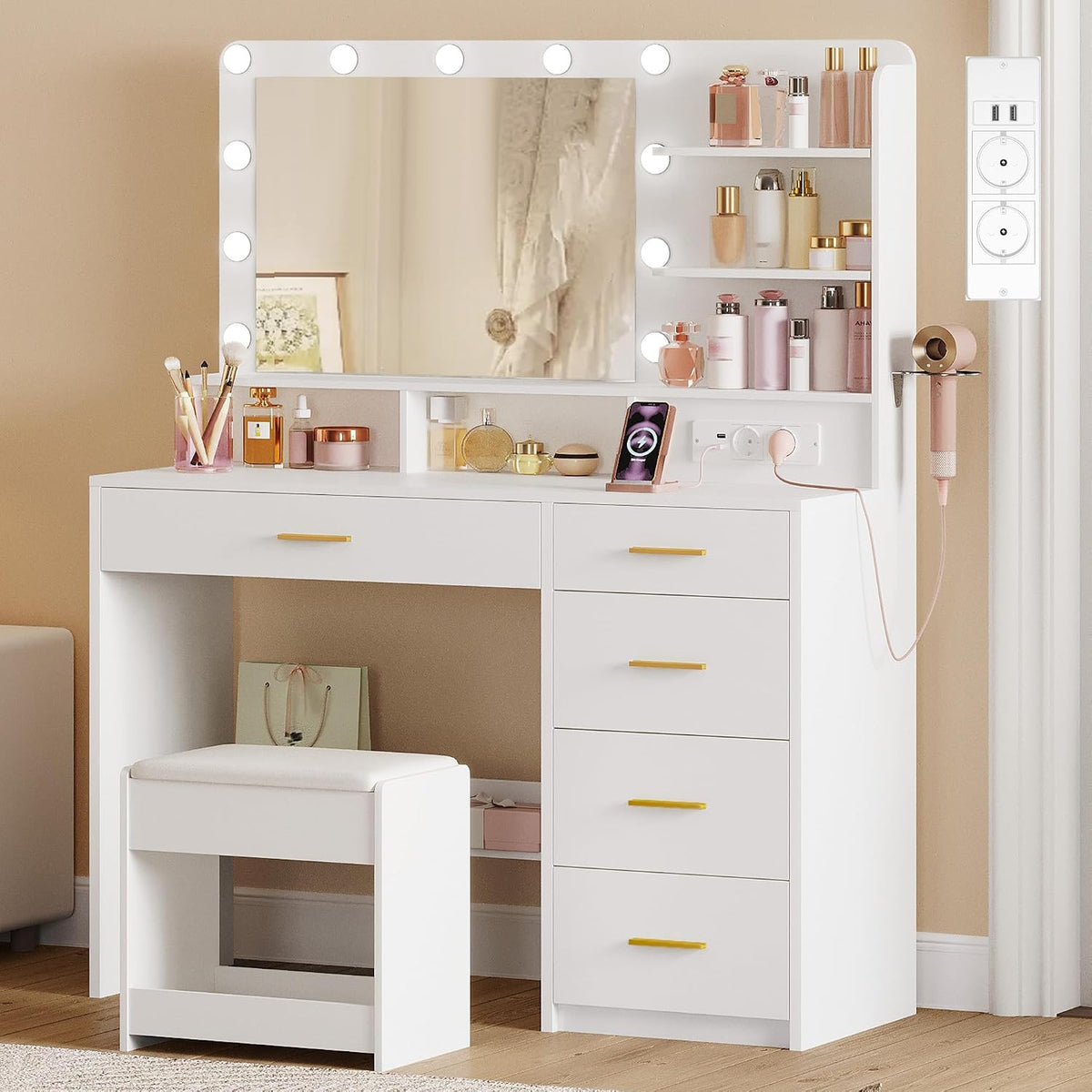 Hzuaneri Schminktisch mit 10 LED-Beleuchtung, Hocker, Weiß