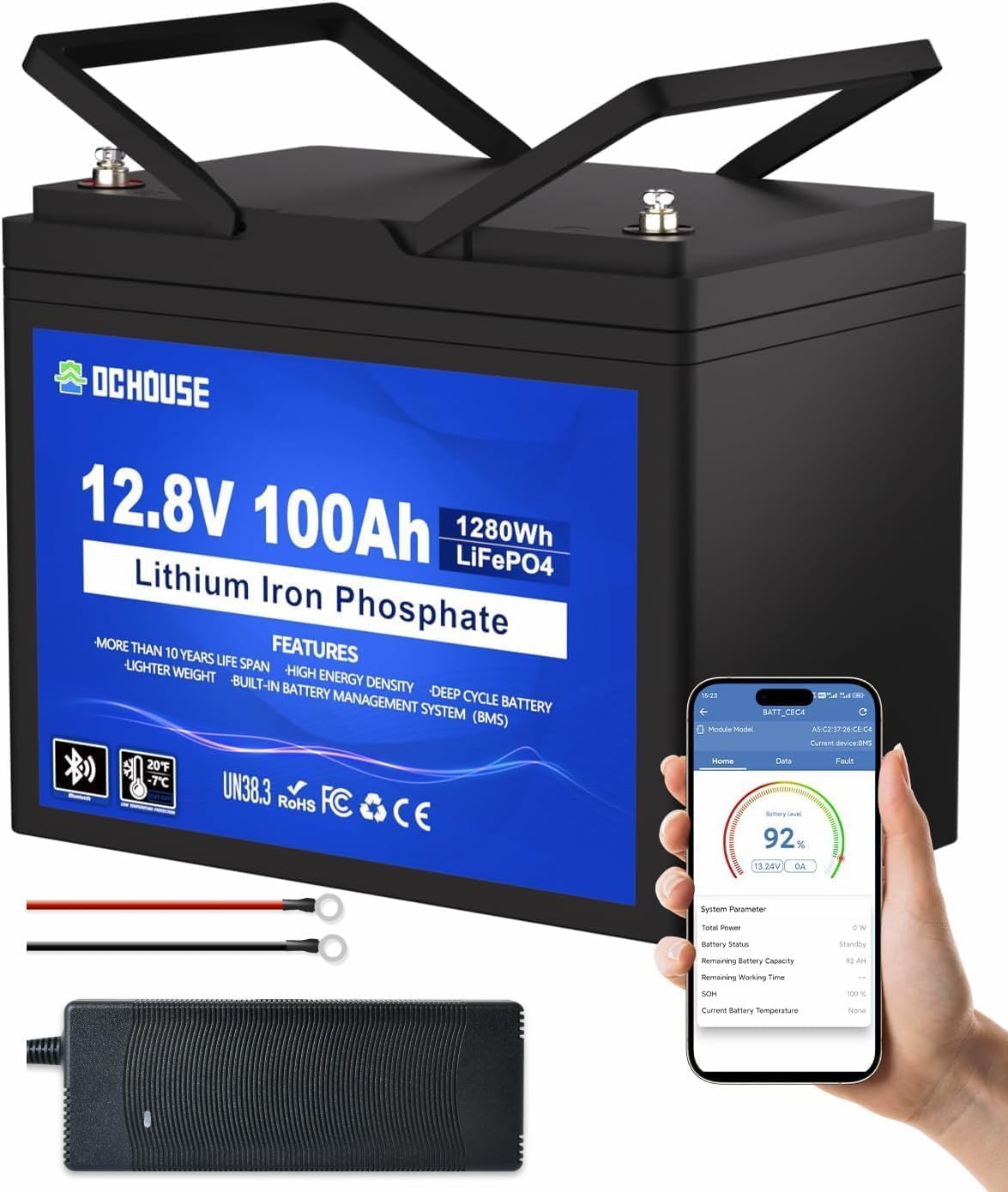 DCHOUSE 12V 100Ah Bluetooth Lithium Batterie mit 10A Ladegerät, BMS 100A