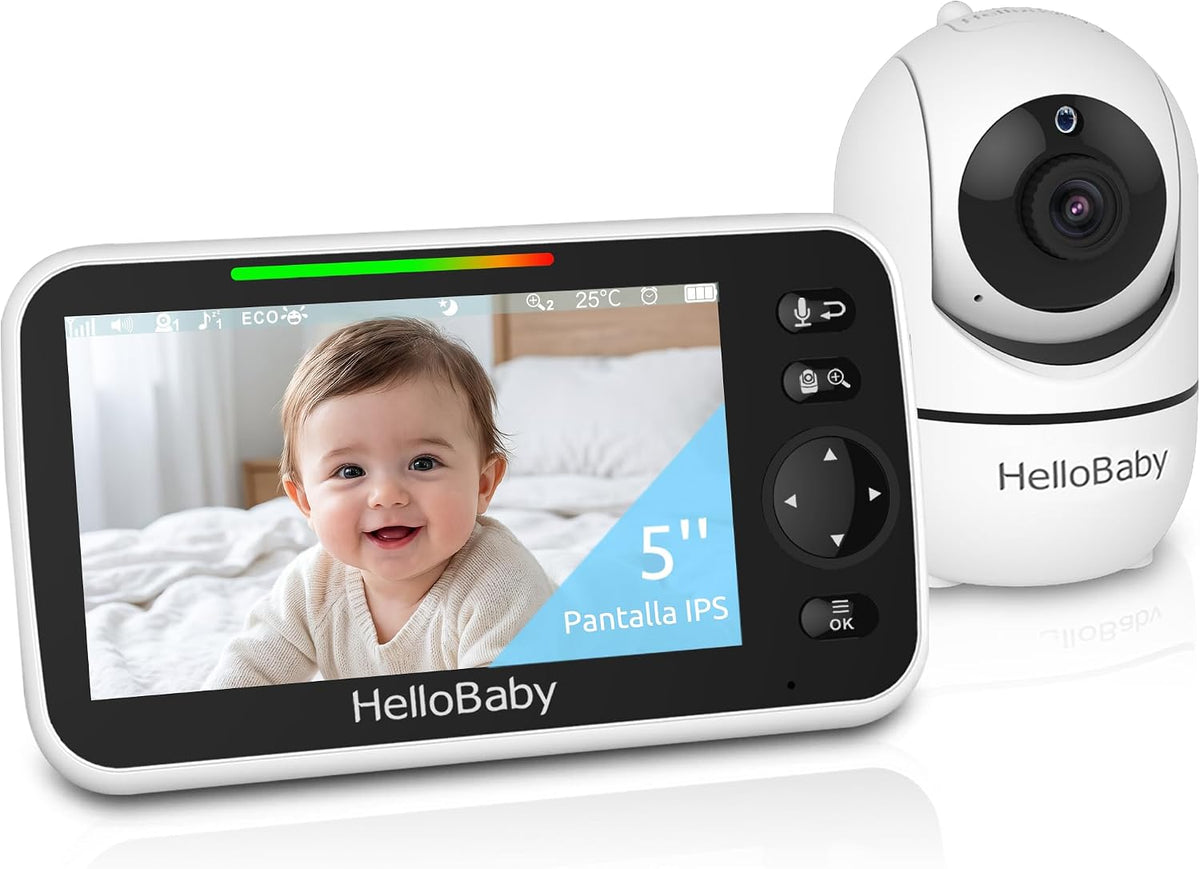 HelloBaby Babyphone mit Kamera, 355° Schwenken-120° Neige-Zoomen, Babyfone ohne WLAN, HB6550, 3500 mAh 5 Zoll Bildschirm, Kabelgebundene Kamera