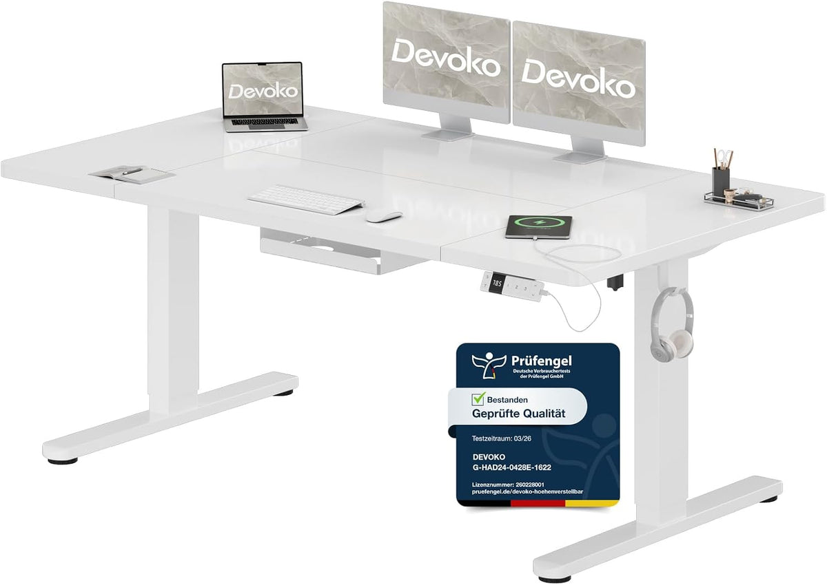 Devoko Höhenverstellbarer Schreibtisch 160x80cm mit Typ-C Ladeanschluss, Mobiler Elektrisch Computertisch mit Kabel Management Tray