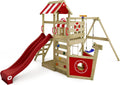 WICKEY Spielturm Klettergerüst SeaFlyer mit Schaukel & roter Rutsche, Outdoor Kinder Kletterturm mit Sandkasten, Leiter & Spiel-Zubehör für den Garten