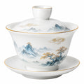 Porzellan Gaiwan Teeschale 150 ml Weiß Blau Gold mit Deckel und Untertasse