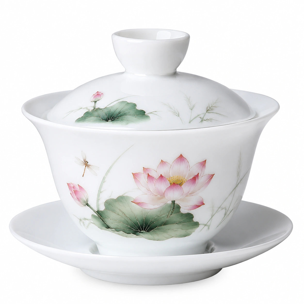 Porzellan Gaiwan Teeschale 120 ml Weiß Rosa mit Lotusmotiv und Deckel