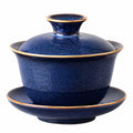Gaiwan Teeschale 150 ml Keramik Blau glasiert mit Deckel und Untertasse