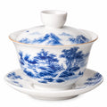 Gaiwan Teeschale 150 ml Porzellan Weiß Blau mit Deckel und Untertasse Landschaftsdekor