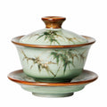 Gaiwan Teeschale 150 ml Keramik Grün Braun mit Bambusmotiv und Deckel