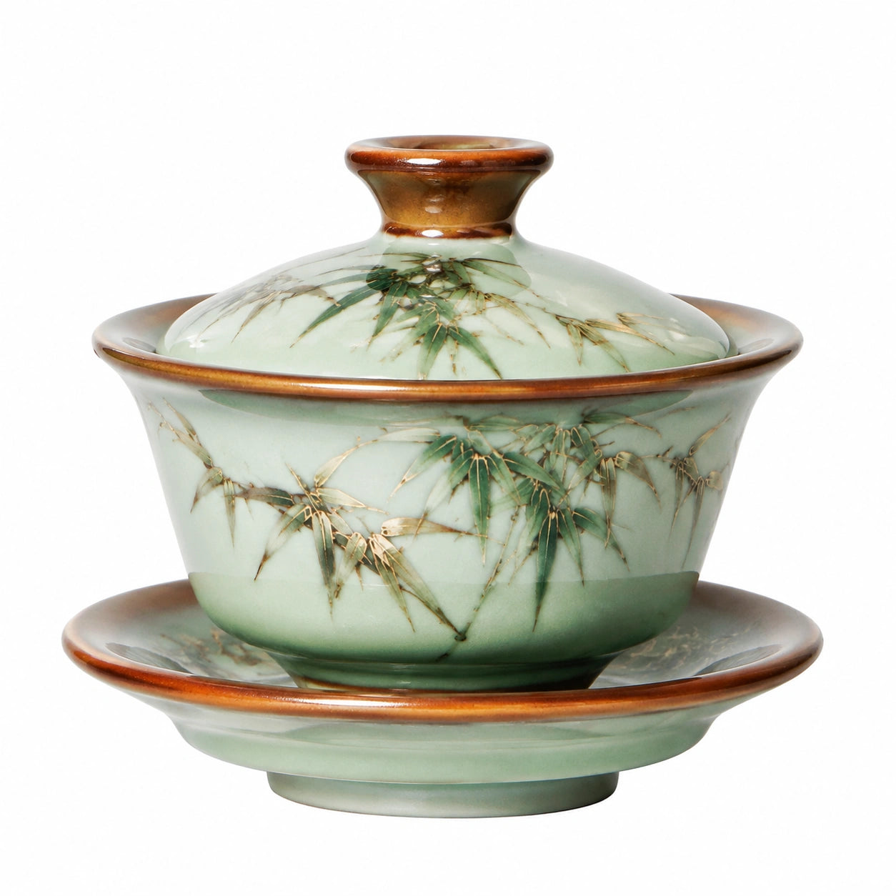 Gaiwan Teeschale 150 ml Keramik Grün Braun mit Bambusmotiv und Deckel