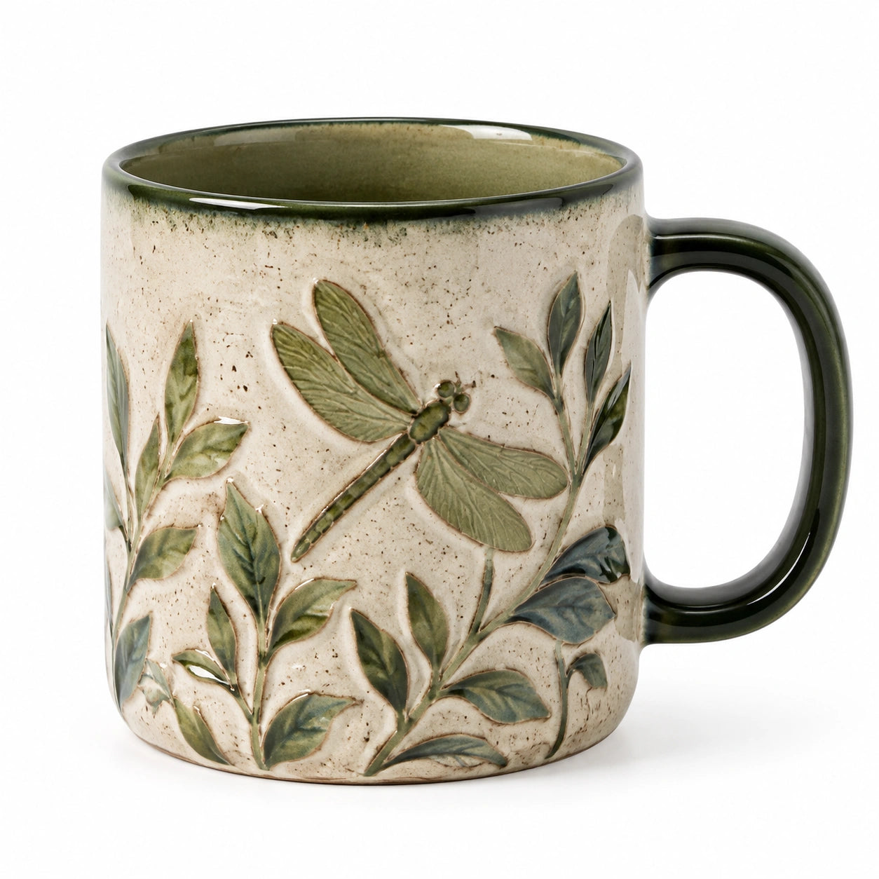 Keramiktasse 350 ml Beige Grün mit Libellenmotiv für Heißgetränke