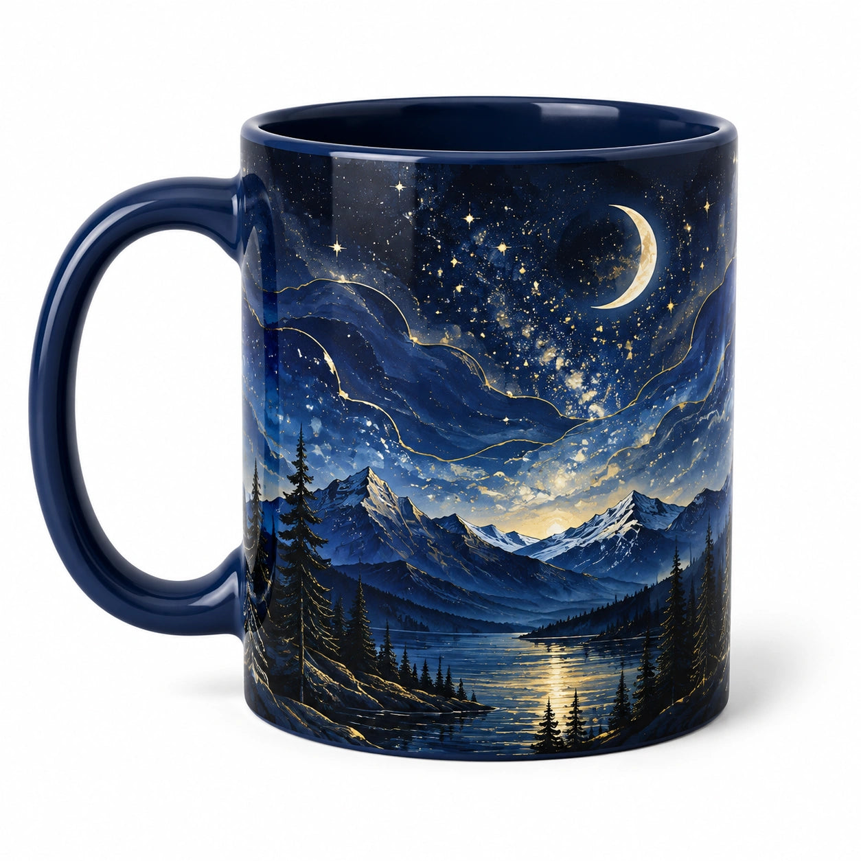 Keramiktasse 330 ml 9.5 cm dunkelblau mit Berglandschaft und Sternenhimmel