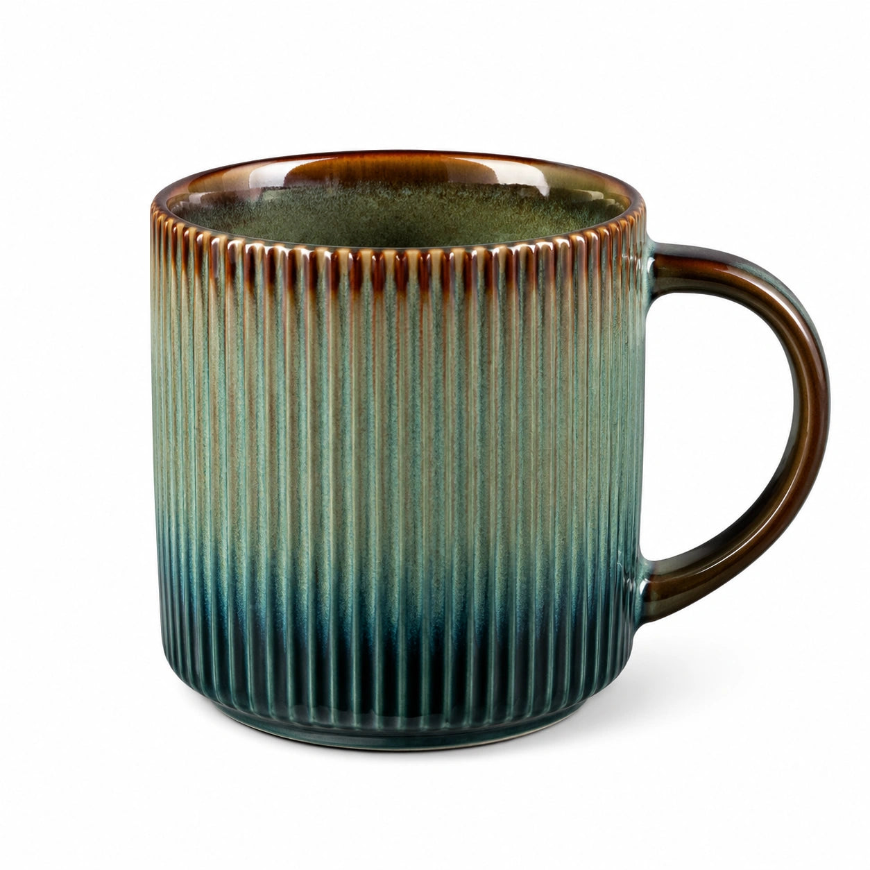 Keramiktasse 400 ml Grün/Braun für Heißgetränke geriffeltes Design