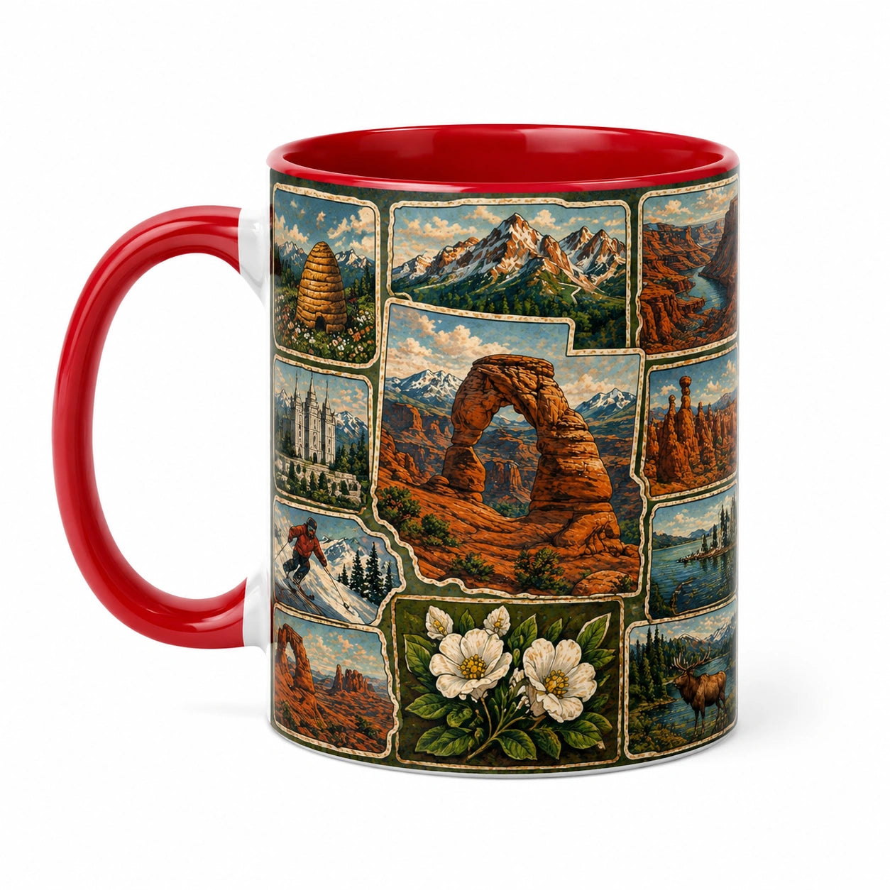 Keramiktasse 330 ml Rot mit Landschaftsmotiv für Heißgetränke