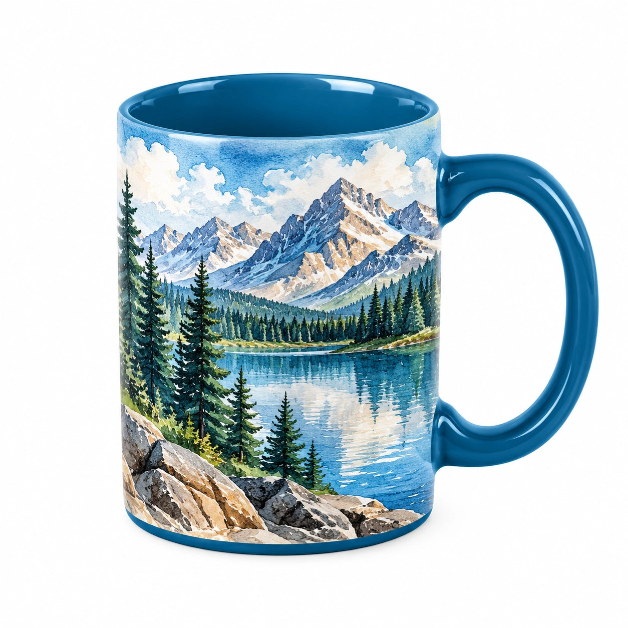 Keramiktasse 330 ml Blau mit Berglandschaft Motiv für Heißgetränke