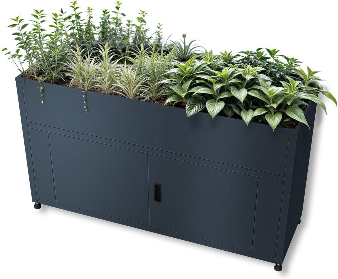 Metzler Hochbeet für den Garten mit Stauraum, 160 x 85 x 50 cm, Pulverbeschichteter Stahl in Anthrazit RAL 7016, Pflanzenbeet, Blumenhochbeet