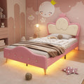 Merax Kinderbett Polsterbett 90x200cm mit LED-Streifen, ohne Matratze, Kopfteil in Wellenform mit Krone, Bettgestell mit Lattenrost und Fußteil, PU