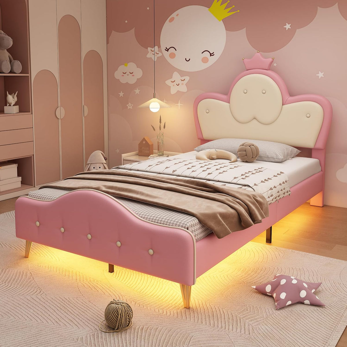 Merax Kinderbett Polsterbett 90x200cm mit LED-Streifen, ohne Matratze, Kopfteil in Wellenform mit Krone, Bettgestell mit Lattenrost und Fußteil, PU