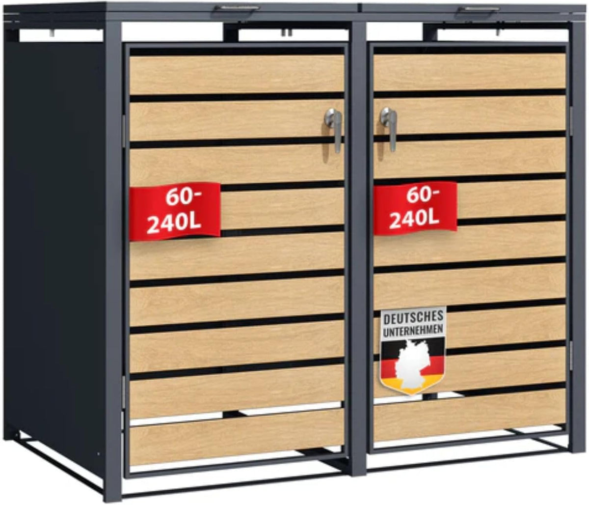 Floordirekt Mülltonnenbox 2er Mülltonnen für 60-240 L, Anthrazit mit Holzdekor, inkl. Erweiterungsmöglichkeit, Mülltonnenverkleidung, Garten Müllbox