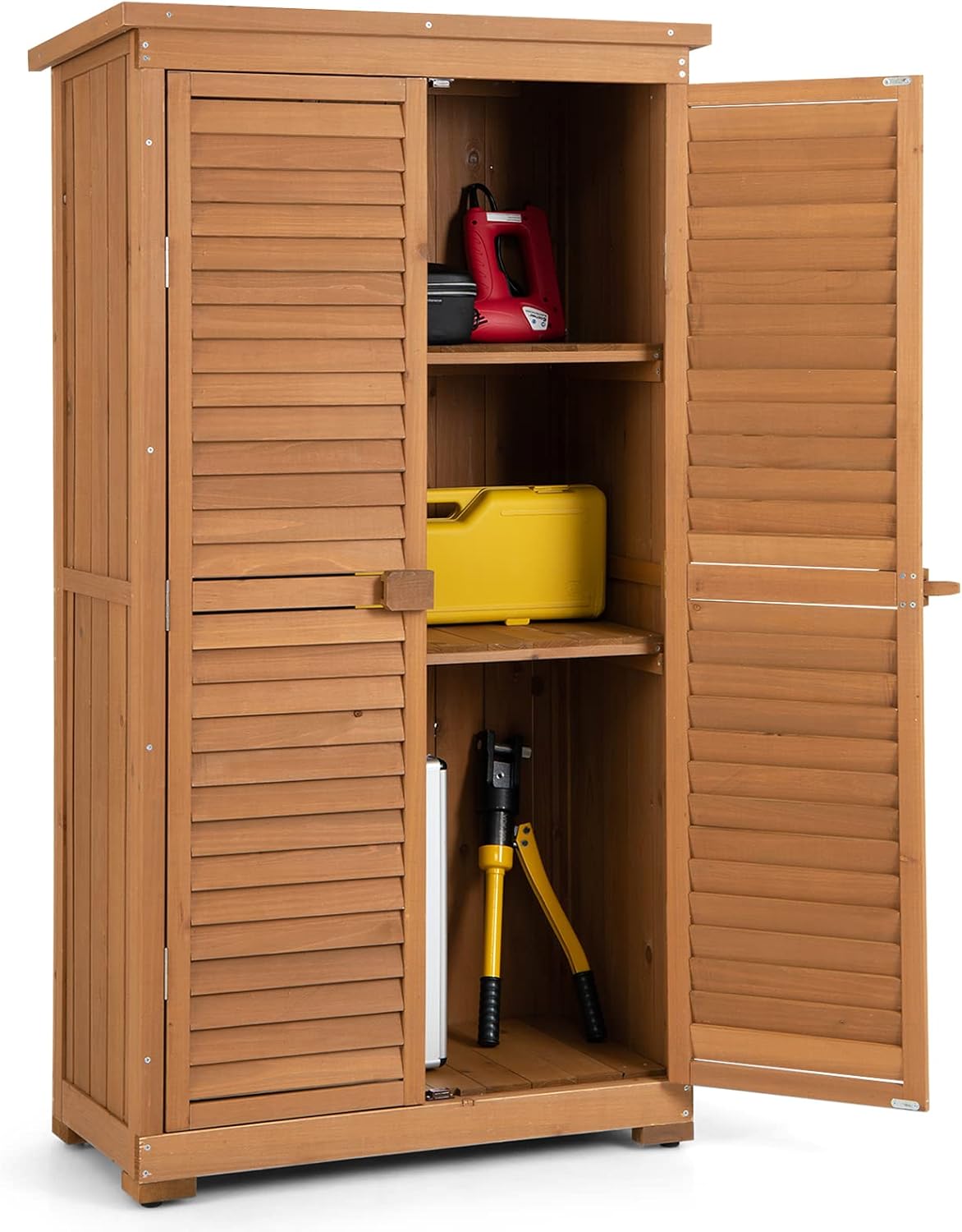 COSTWAY Gartenschrank Holz, 82x42x160cm, Geräteschuppen mit 3 herausnehmbaren Regalen, Gerätehaus wetterfest, Gartenschuppen Geräteschrank