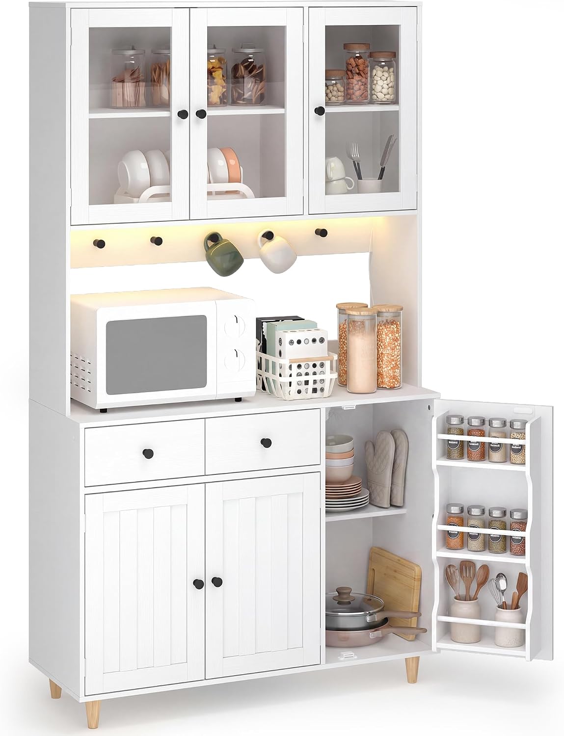 Blishom Hohes Küchenbuffet mit Steckdosen & LED, Sideboard für Küche, Weiß