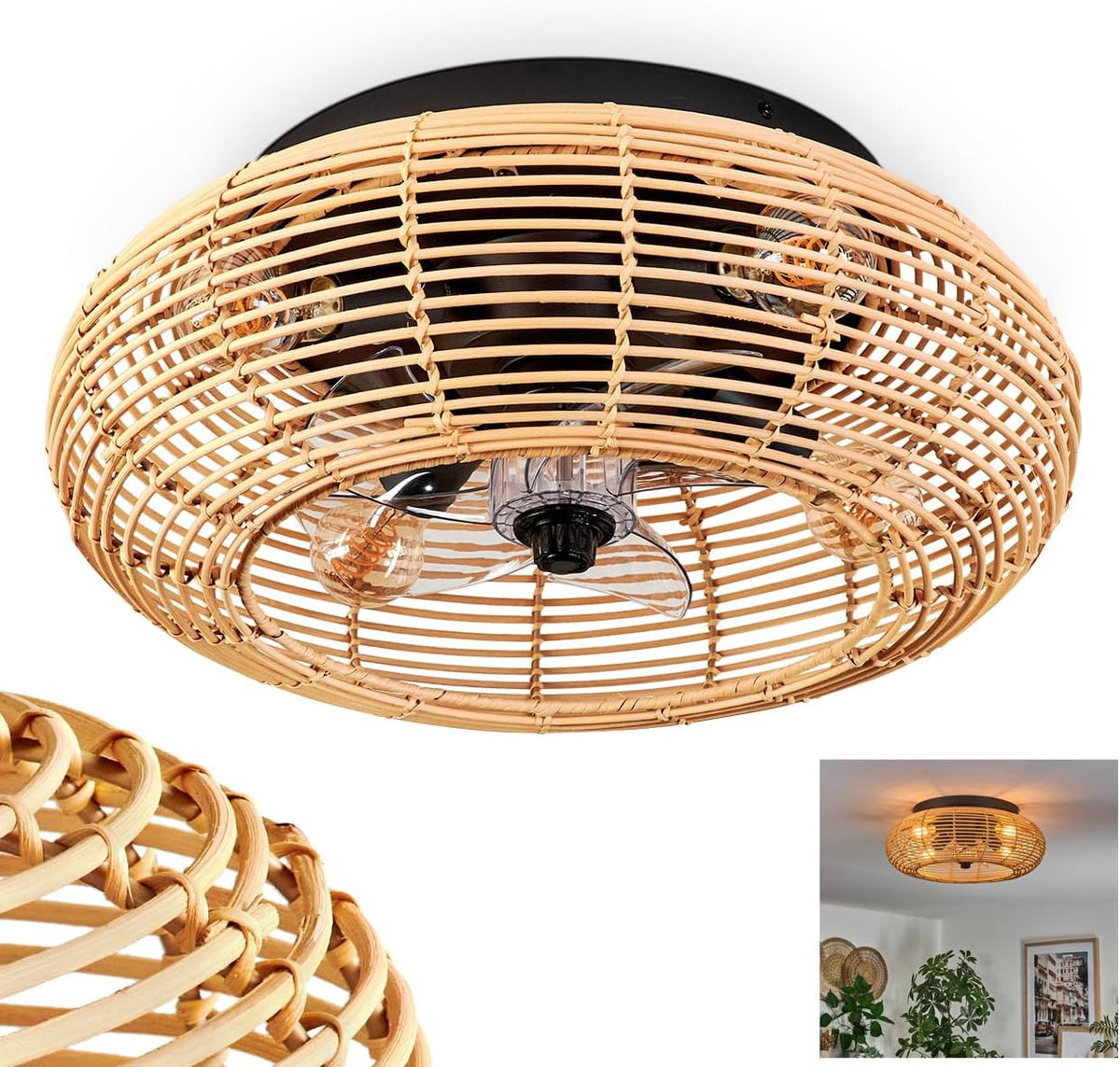 HOFSTEIN Deckenventilator Mulstrand, Deckenleuchte 4-flammig Ø 50cm, Ventilator aus Metall/Bambus in Schwarz/Natur mit Fernbedienung, 4x E27, 3 Stufen
