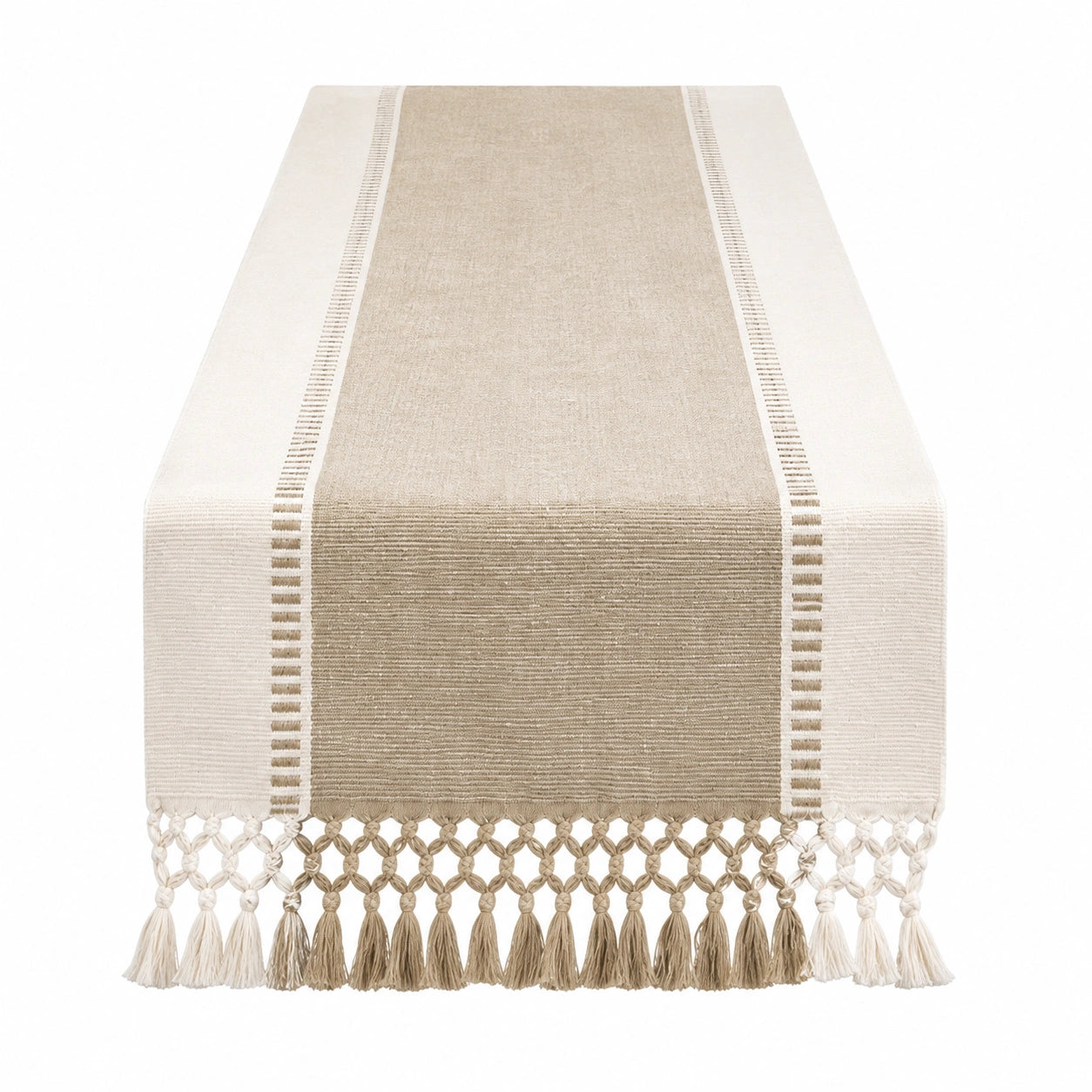 Tischläufer 180 x 35 cm Gewebe Beige Creme mit Fransen