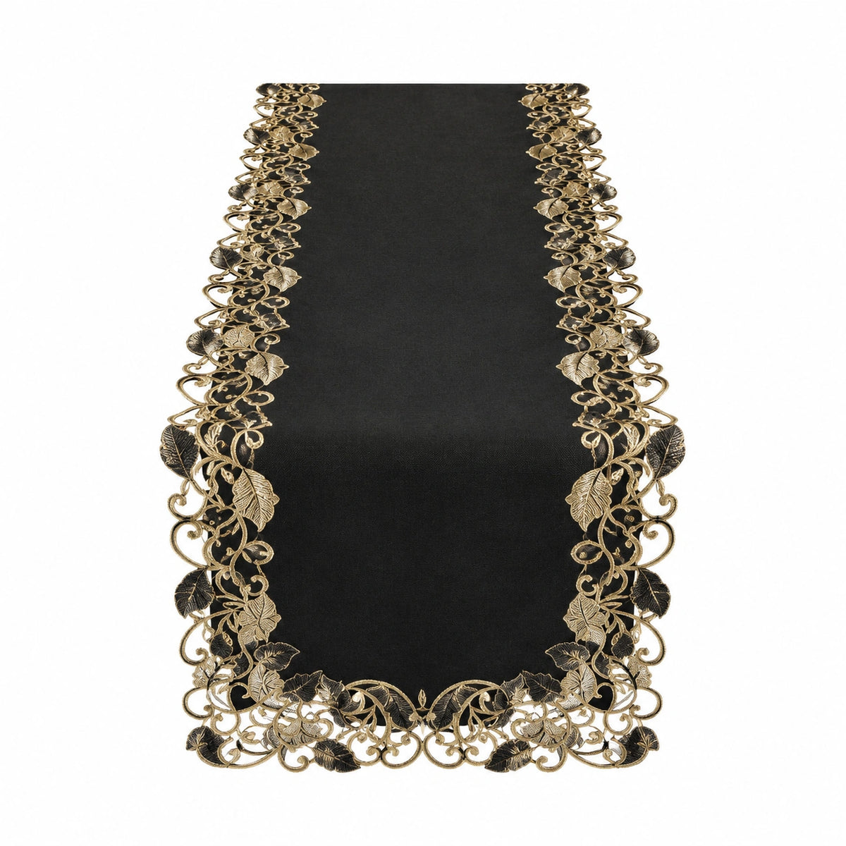 Tischläufer 180 x 40 cm aus Polyester schwarz gold mit Blättermuster f – Cozyforia