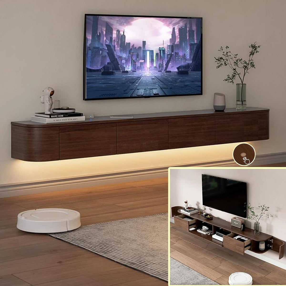 TV-Medienkonsole, 240 * 20 * 30cm), schwimmender TV-Schrank, TV-Schrank, TV-Bank unter dem TV-Lowboard mit Schubladen (Braun B + LED, Wandmontage