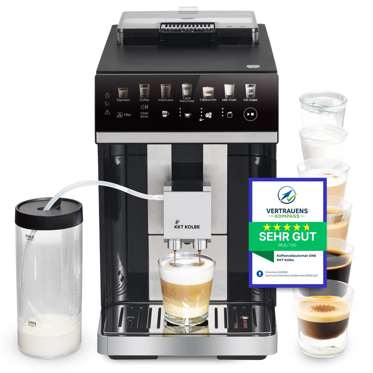 KKT KOLBE One Kaffeevollautomat mit Milchbehälter, 7-stufiges Mahlwerk, Milchschaumdüse und Zubehör, 2 Tassen Funktion, 15 Bar, Touchscreen