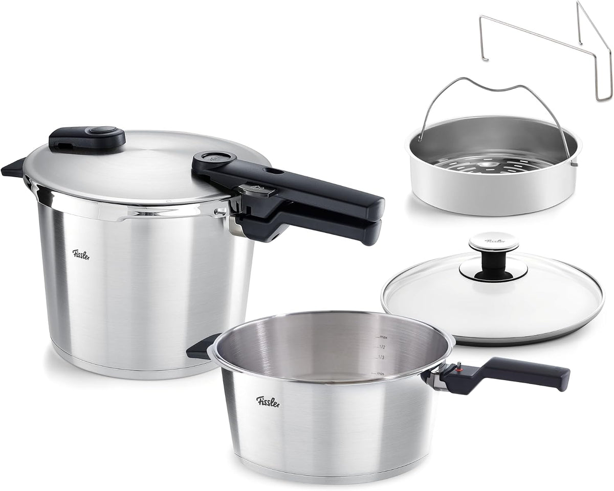 Fissler, Vitaquick Premium Schnellkochtopf-Set 2-teilig (6 + 3,5 L, Ø 22 cm), Einsatz & Glasdeckel, 2 Garstufen, Induktion, Made in Germany