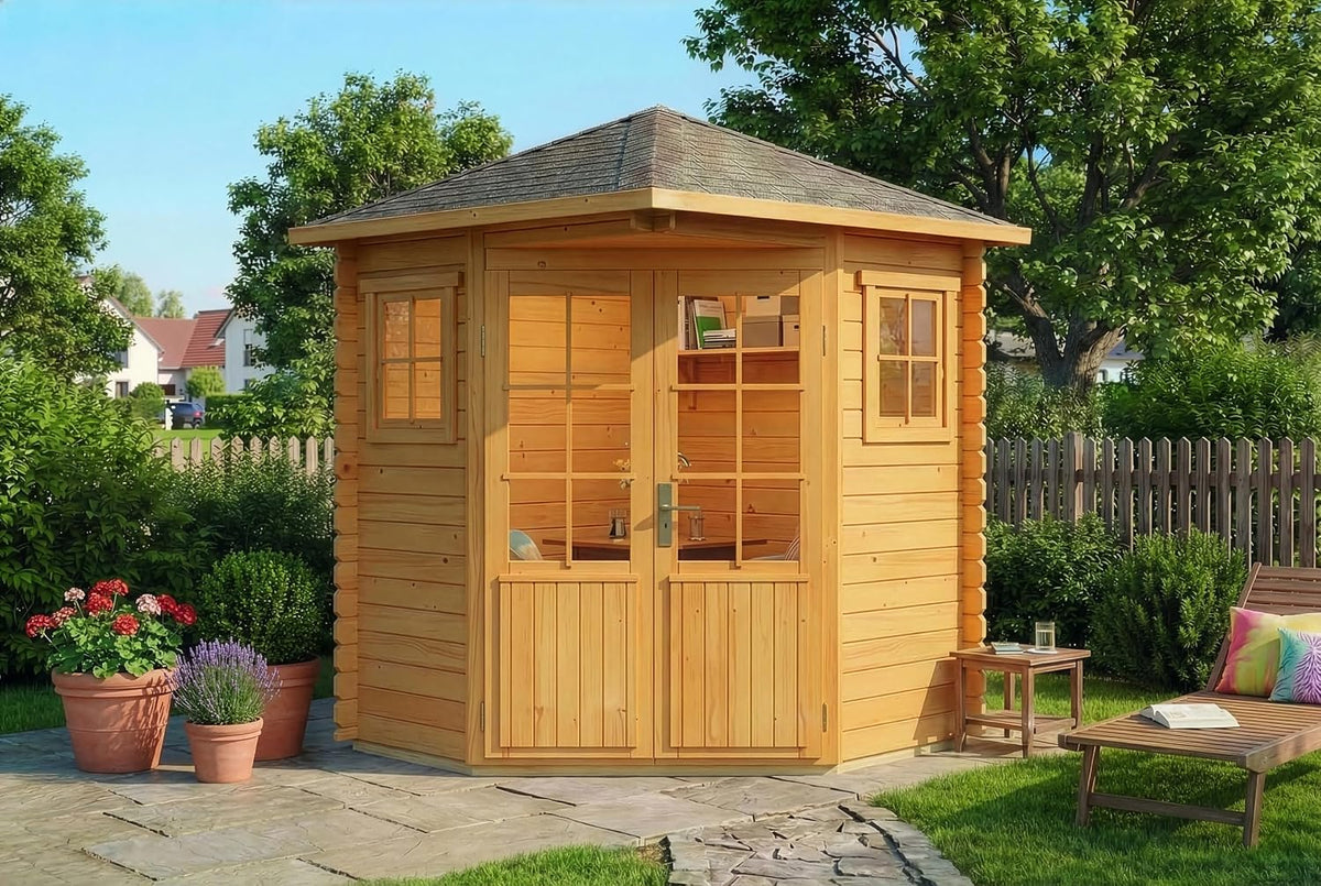 Alpholz 5-Eck Gartenhaus Sunny-A 220x220cm Imprägn. Pinie 28mm Wandstärke