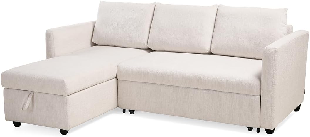 Meubletmoi Wilson Ecksofa, 3-Sitzer, Länge: 210 cm, aus weichem Stoff, mit Kissen und integriertem Truhe, links, wendbar, beige, ausziehbar