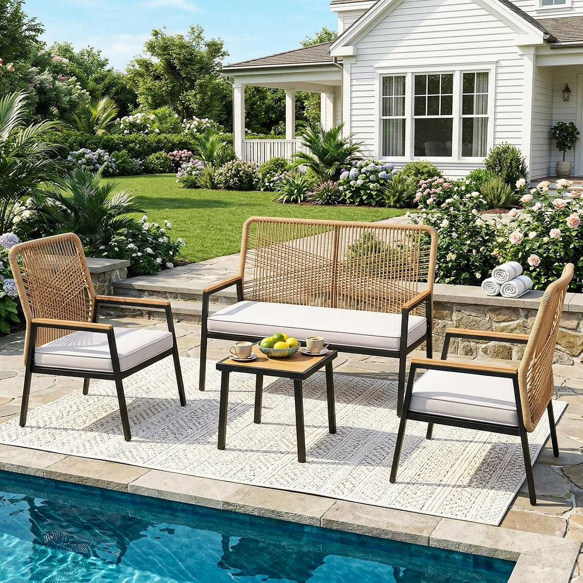 LIFERUN Gartenmöbel Set, mit 2 Rattan Stühlen 1 Gartenbank und Tisch, 4-teiliges Gartenset, Bis 160 kg, für Terrasse Garten Veranda, Beige