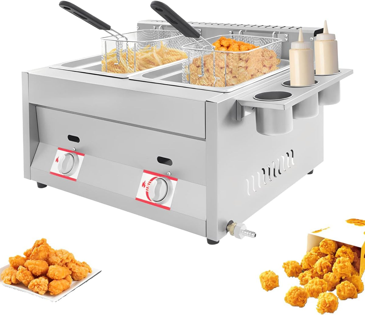 Professionelle Doppel-Gasfritteuse, Temperaturbereich 50-380 °C, Propan-Fritteuse aus Edelstahl, Gas Fritteuse mit 3 Gewürzbecher für Haushalte