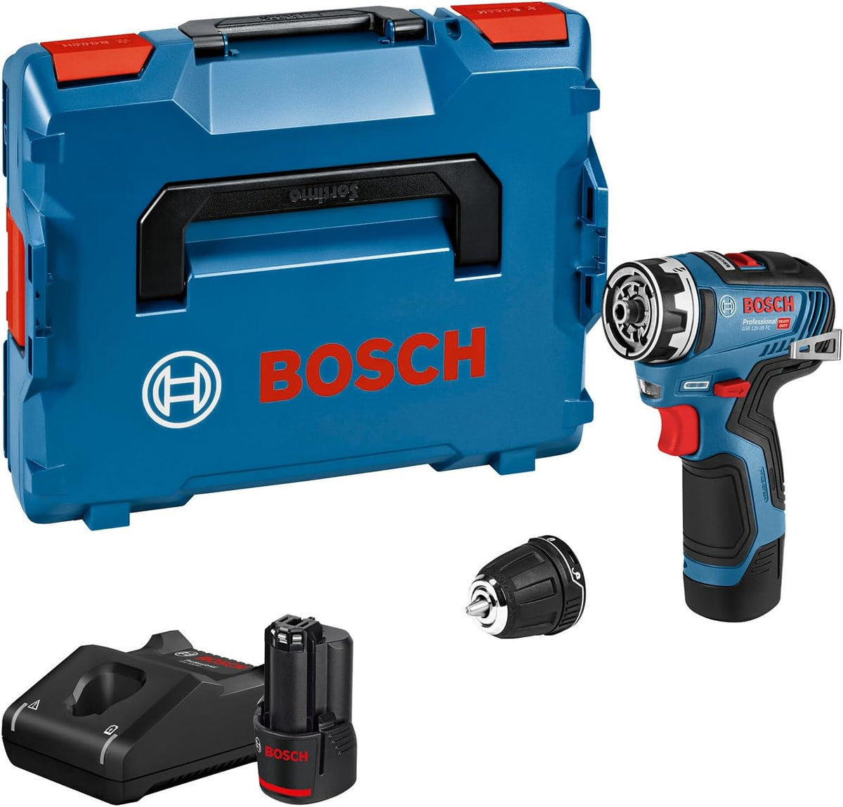 Bosch Professional 12V System Akku Bohrschrauber GSR 12V-35 FC, Schnellladegerät GAL 12V-40, Bohrfutteraufsatz GFA 12-B, L-BOXX