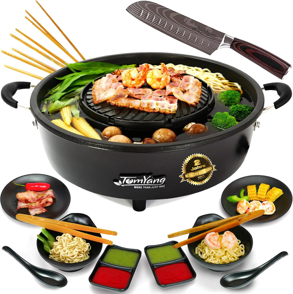 TomYang Elektrischer Hot Pot inkl. Premium Zubehör, 6 Grillzangen und Asia Fondue Geschirr für Thai Grill, Korean BBQ Grill, Santoku Messer