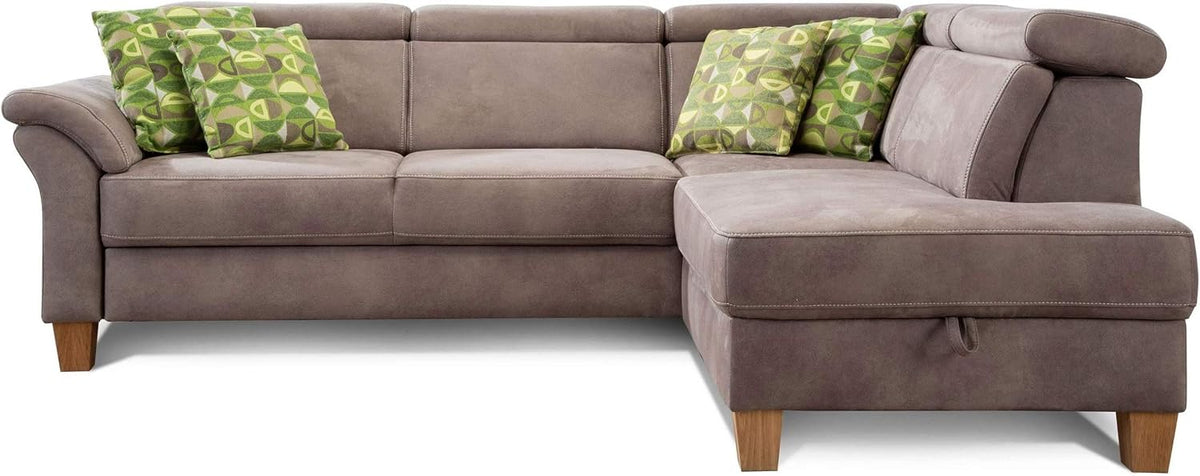 Cavadore Ecksofa Ammerland mit Ottomane rechts/Federkern-Sofa im Landhausstil mit verstellbaren Kopfstützen/245 x 84 x 194/Lederoptik hellbraun
