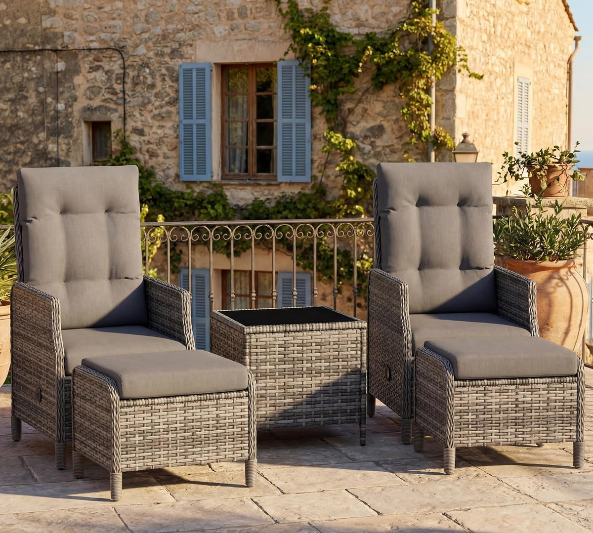 UDPATIO Rattan Gartenmöbel Set 5-teilig mit Verstellbaren Sessel, Fußhocker und Couchtisch, Lounge Möbel Outdoor Set, Balkonmöbel Kleiner Balkon