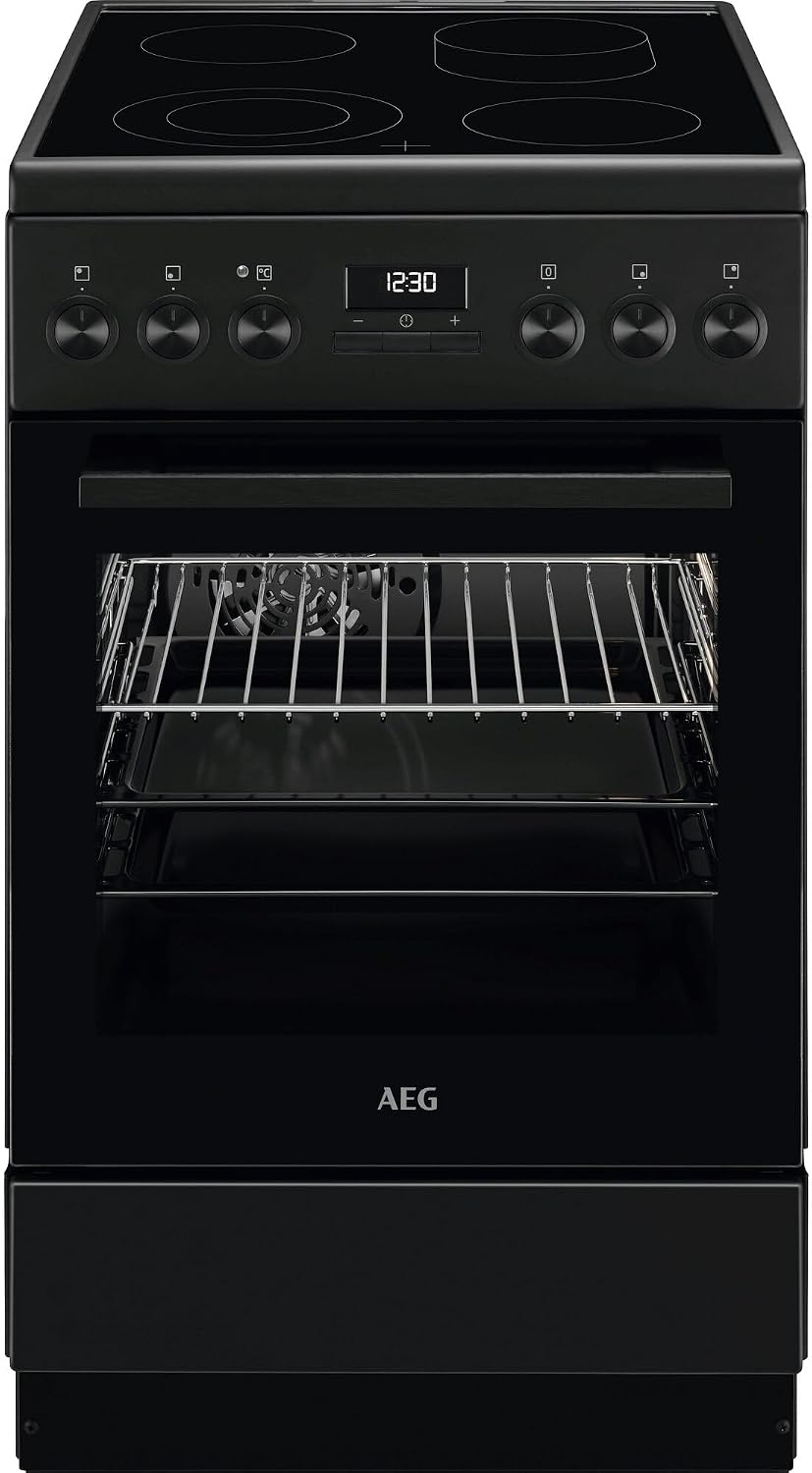 AEG Standherd mit Glaskeramik-Kochfeld, 50cm, CCB54492BB, Display mit Uhr, A, 1 Paar Teleskopschienen, Bräterzone, Mehrkreiskochzone, Versenkknebel