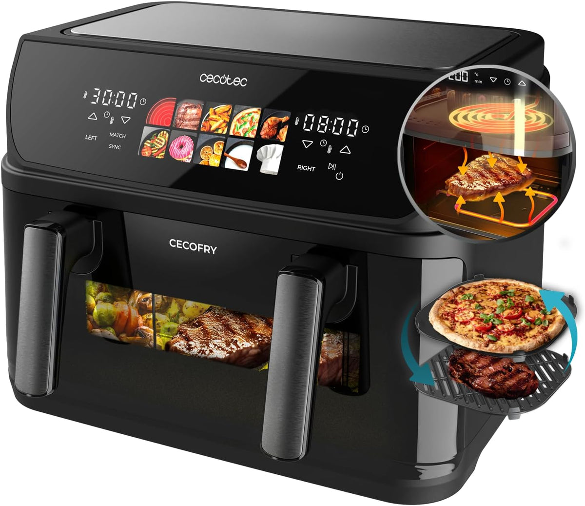 Cecotec Heißluftfritteuse ohne Öl, Air Fryer Cecofry&Grill Duoheat 10000. 2800W, Grill, 10L, Temperaturregelung 40-200°C, Doppelwiderstand, 10 Menüs