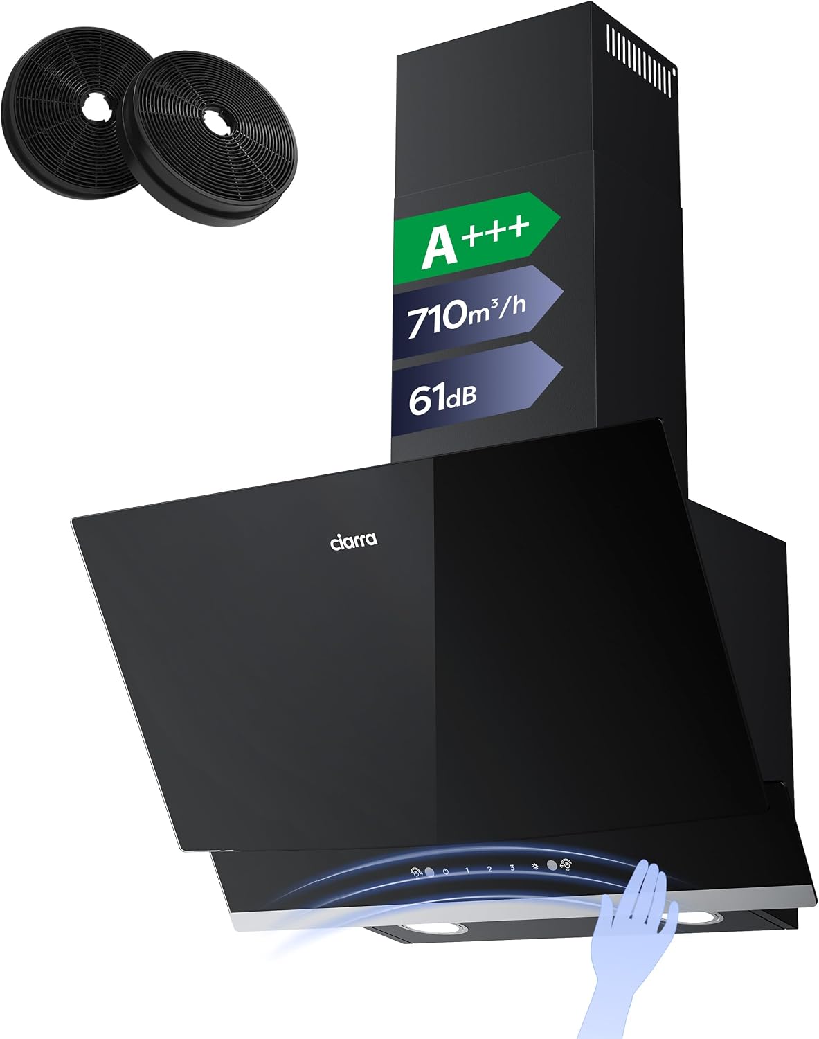 CIARRA CBCB6736A A+++ Dunstabzugshaube 60 cm Umluft Abluft 650 m³/h mit Gestensteuerung SensorTouch Bedienung CBCF003 Aktivkohlefilter Schwarz