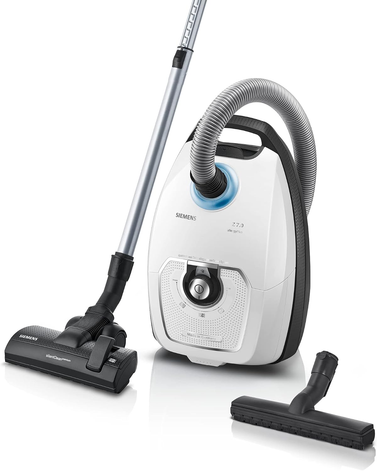 Siemens Staubsauger mit Beutel Z 7.0 VSZ7442S, 650 W, für Allergiker, Bodendüse für Parkett, Teppich, Hygiene-Filter Plus, extrem leise, Fliesen, weiß
