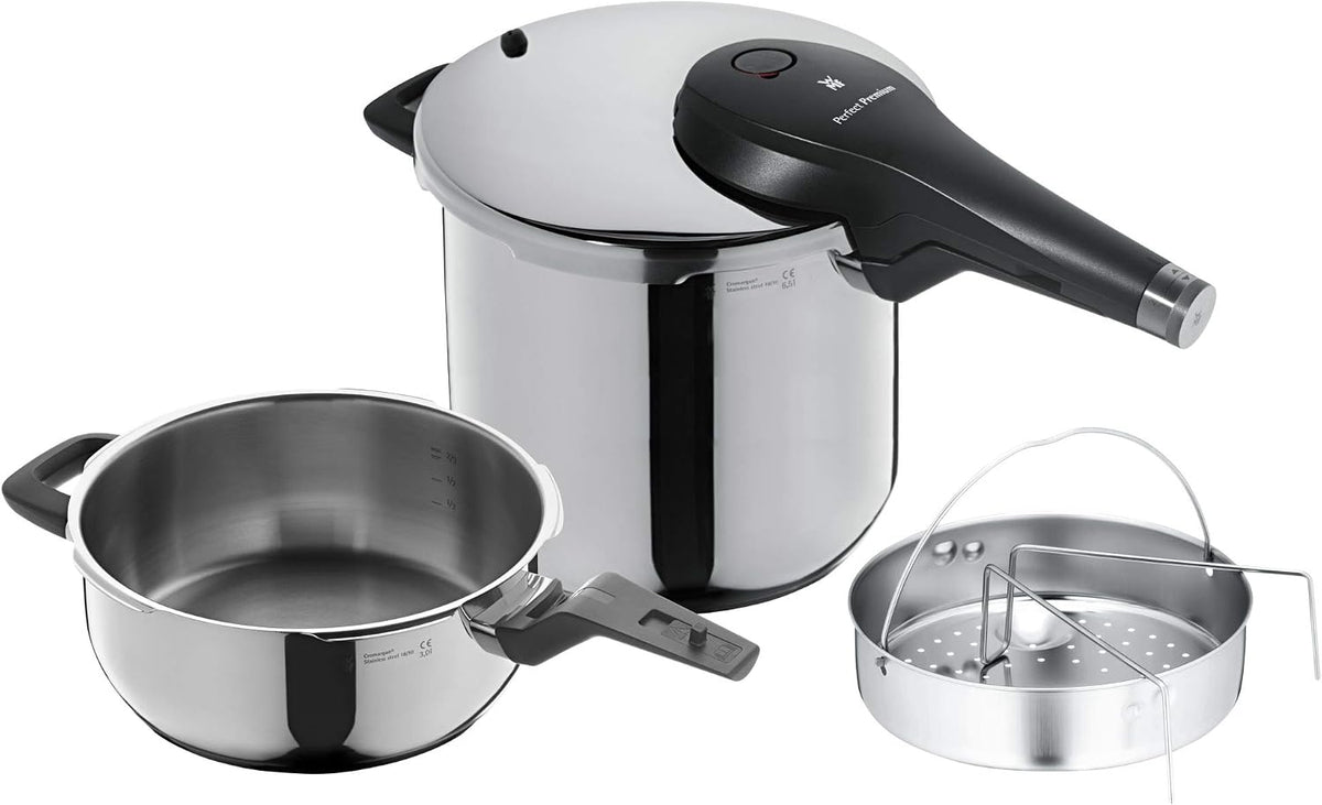 WMF Perfect Premium One Pot Schnellkochtopf Set Induktion 3-teilig, Dampfkochtopf 6,5l + 3l mit Einsatz-Set, Schnellkochtopf Induktion, 2 Kochstufen