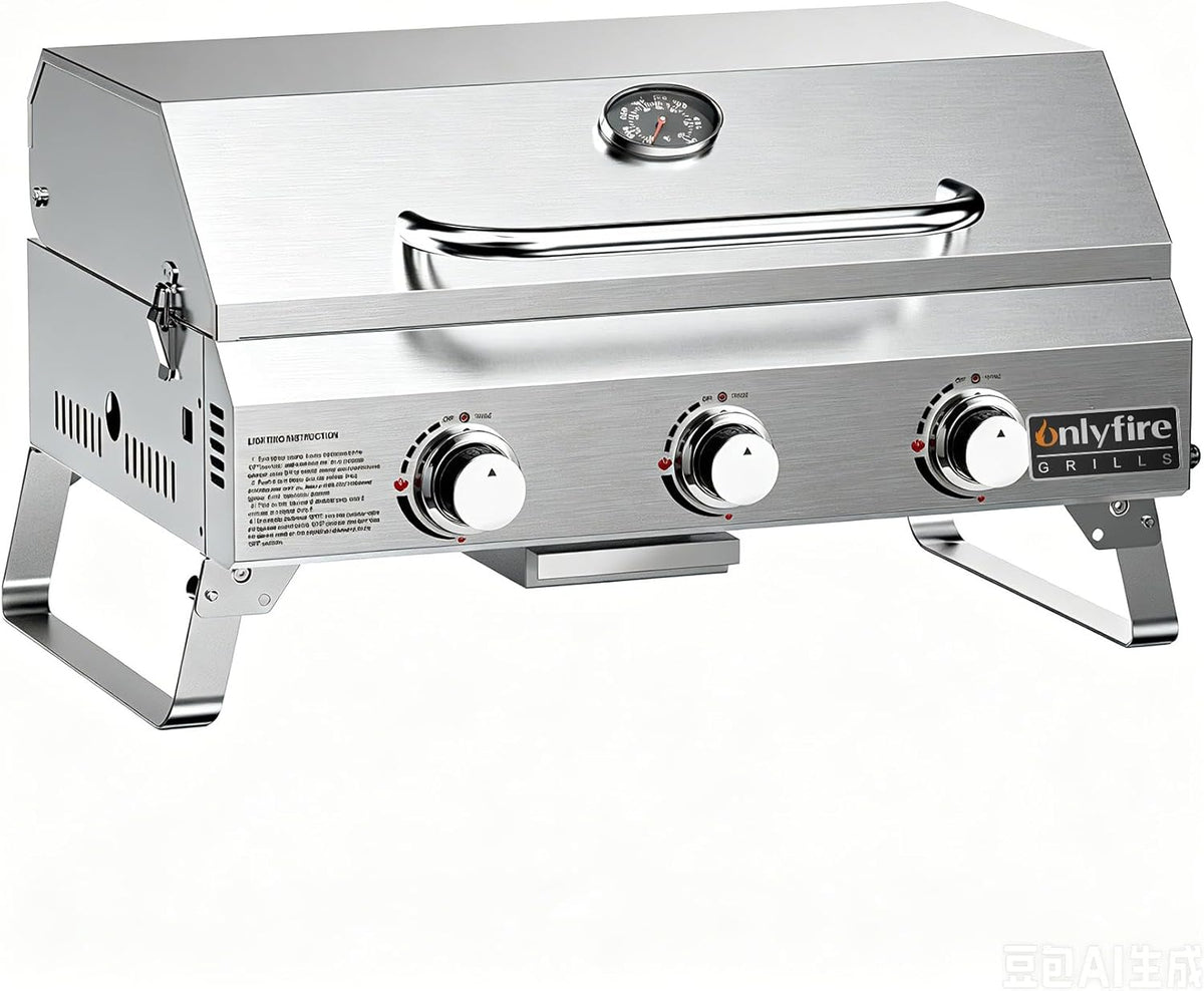 ONLYFIRE GRILLS Tabletop Gas Grill 3-Burner, Portable Propane BBQ Grill