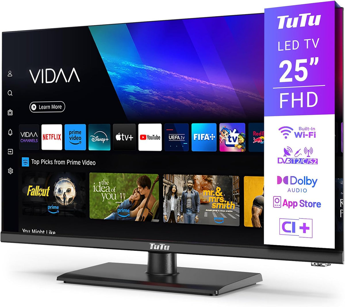 TuTu Fernseher 25 Zoll (64 cm), Triple Tuner (DVB-T/T2, DVB-S/S2), Mittelfuss [TUV25FQ1BC, Full HD Smart TV mit WLAN, DVB-C, App Store, 2024]