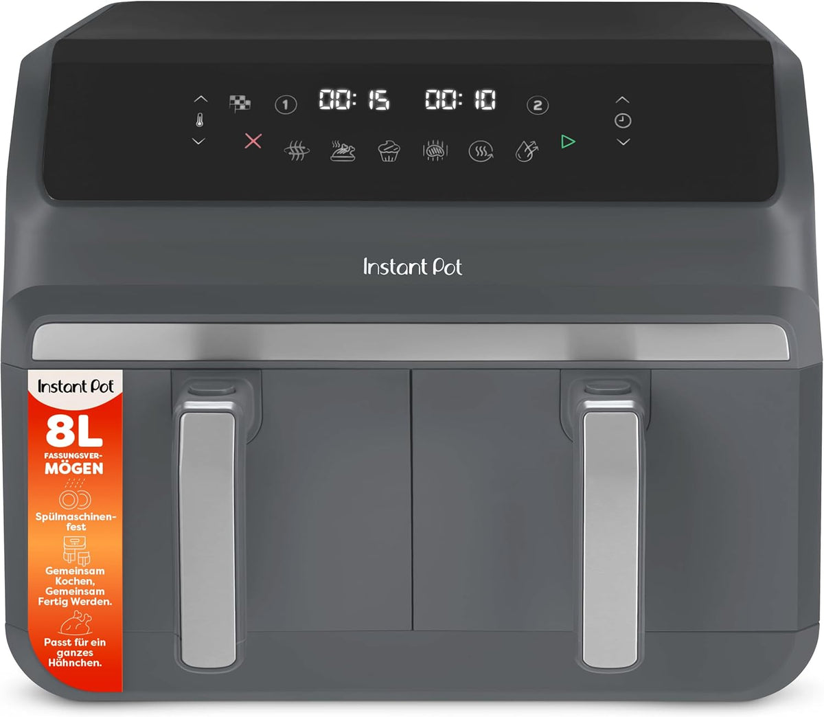 Instant Pot, doppelte 4-l-Körbe, 8 l, Vortex Dual Trüffelgrau-Heißluftfritteuse, Groß, Familiengröße, zweifach, 8 in 1, Dörren, Grillen, Backen
