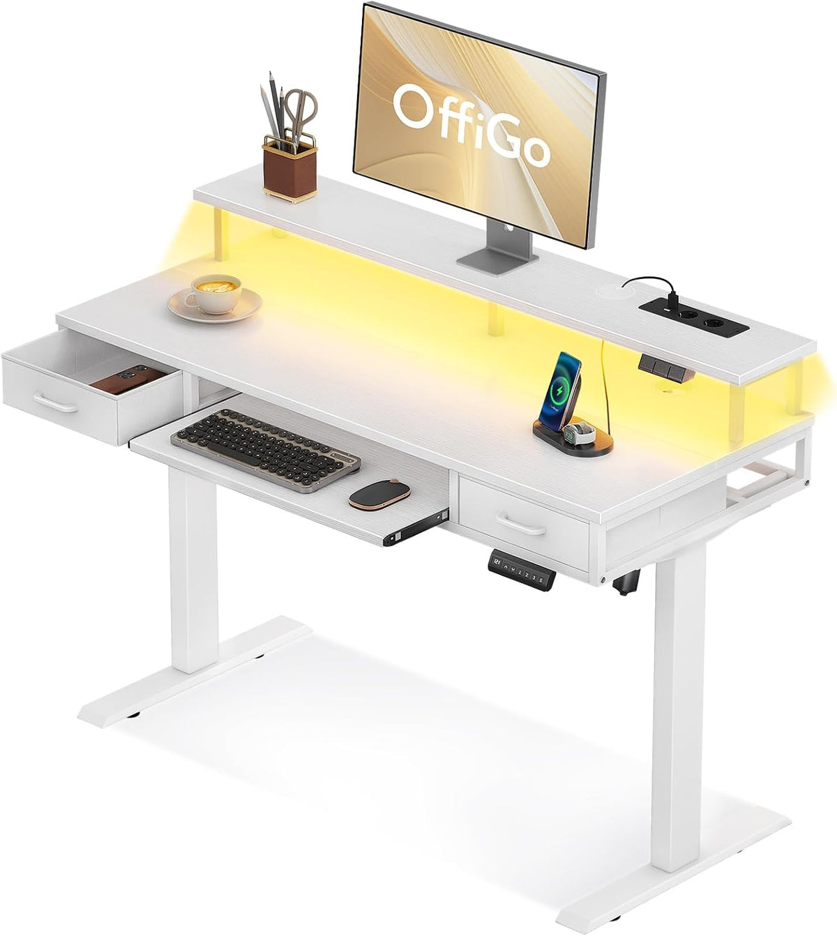 OffiGo Schreibtisch Höhenverstellbar mit Schubladen 120 cm, Weiß
