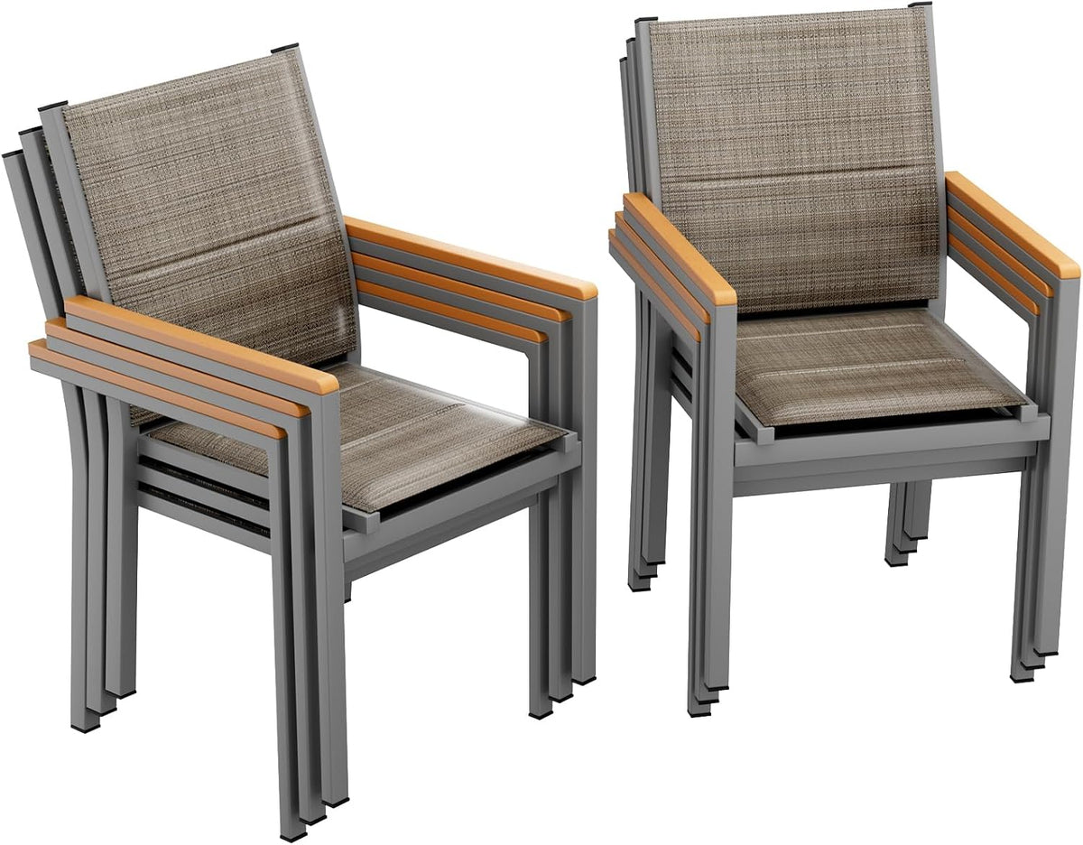LIFERUN Gartenstuhl 6er Set, Pool, mit Gesteppte Rückenlehne & Sitzfläche, für Terrasse, Alu, Stapelbarer Esszimmerstuhl, WPC Handlauf, Balkonstühle