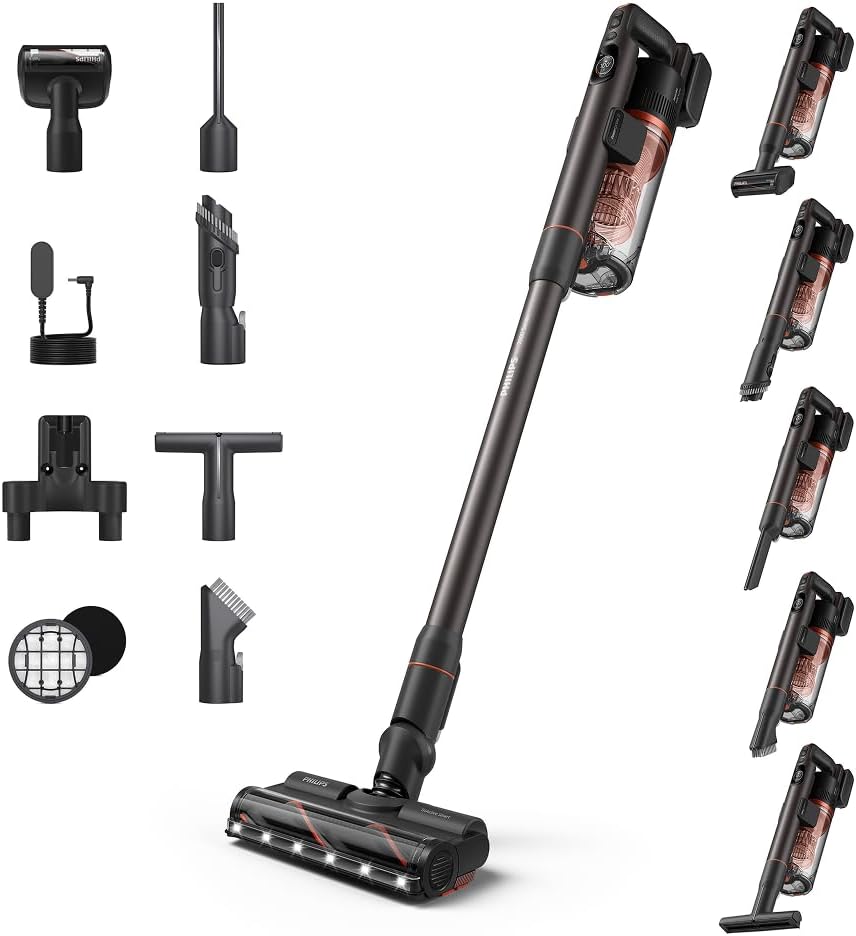 PHILIPS SpeedPro Max Kabelloser Stielstaubsauger 7000 Serie, 4 LED-Aufsätze (XC7065/01), Für Tierhaare, Für Teppiche und Hartböden, Max. 80 Min.